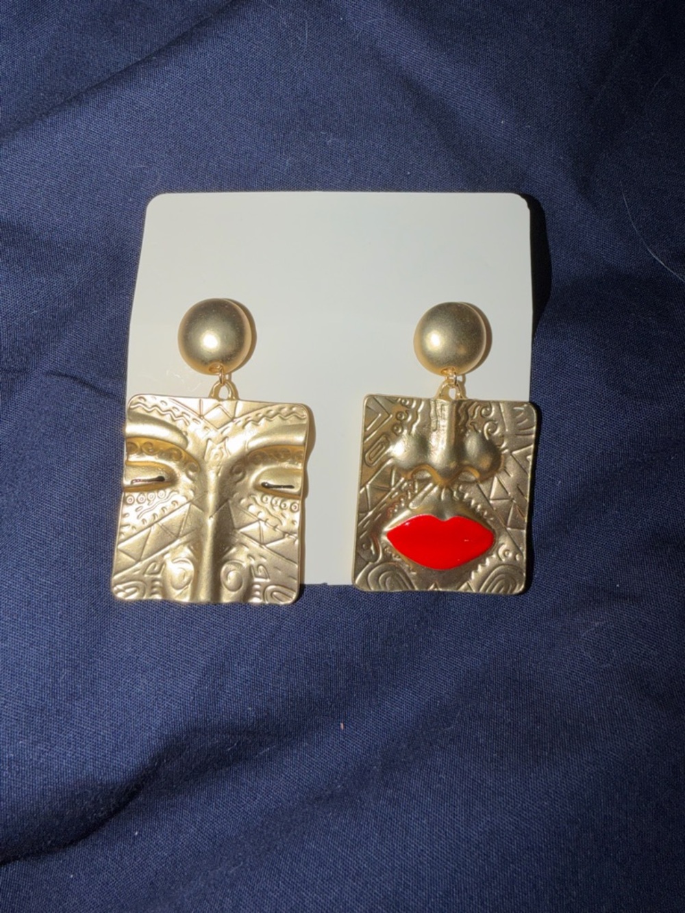 Gold Statement Face Earrings with Red Accent Lips